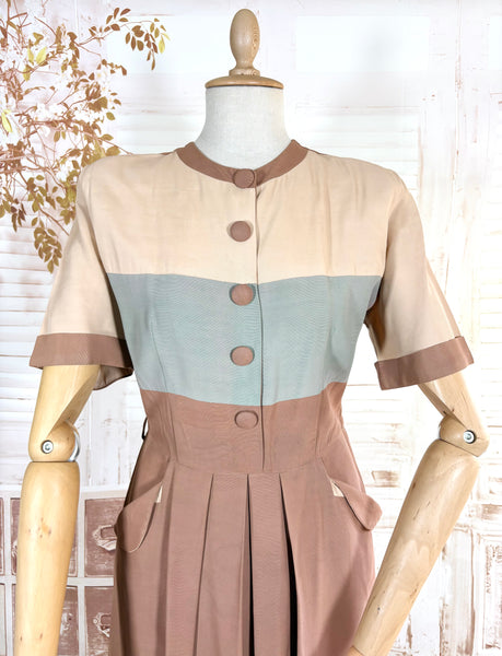 1940s Colour Block Day Dress in Mocha, Cream & Dusty Blue