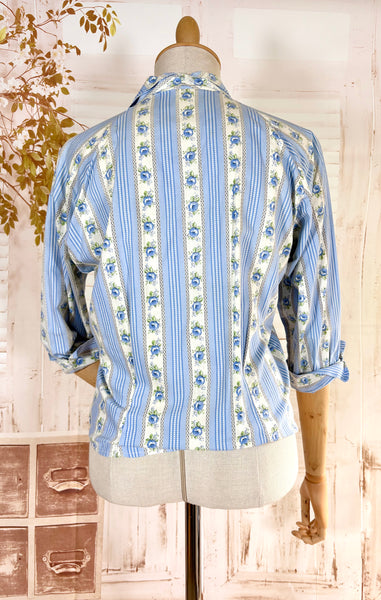 1950s Blue Floral Stripe Cotton Jacket Blouse