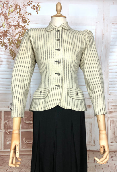 Exceptional Original 1930s Vintage Cream And Black Striped Bustle Back Skirt Suit