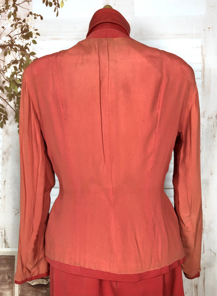 Incredible Original 1940s Vintage Coral Red Gabardine Skirt Suit By Jaunty Juniors