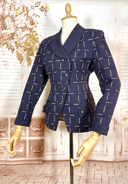 1940s Navy Wool Tailored Jacket – Woven Cream Rope Pattern, Shawl Collar