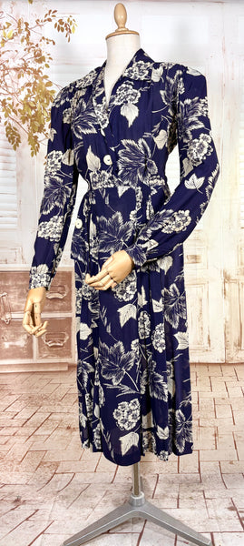 Navy Blue And White 1940s Day Dress With Large Floral Print