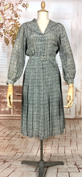 Unusual Late 1930s Vintage Grey Plaid Cold Rayon Dress With Bishop Sleeves