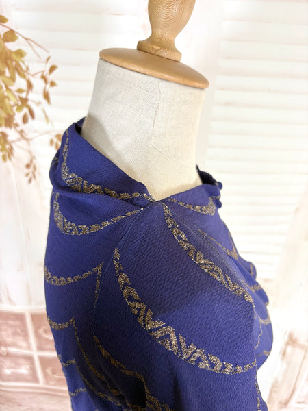 1930s Royal Blue Gold Lamé Chevron Coat | Statement Sleeve Antique Evening Coat