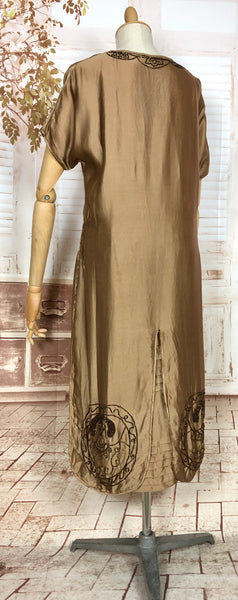Exquisite Original 1920s Antique Copper Silk Satin Beaded Flapper Dress