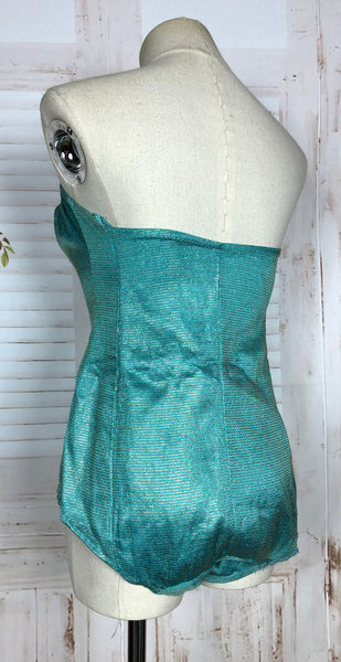 Incredible Original 1950s Turquoise And Hold Lurex Swimsuit Playsuit