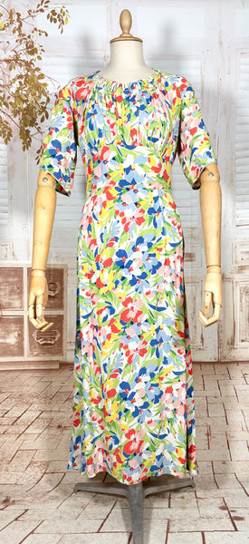 1930s Vibrant Floral Crepe Day Dress