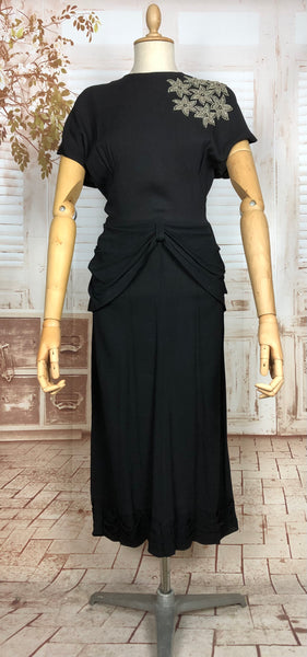 Amazing Original 1940s Vintage Black Crepe Draped Dress With Star Studded Detailing