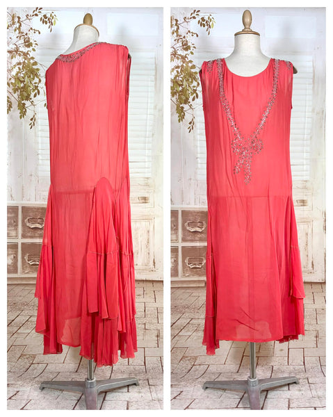 1920s Coral Silk Chiffon Beaded Flapper Dress