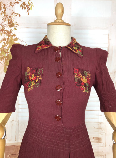 Amazing 1930s Burgundy Crepe Dress With Puff Sleeves And Colourful Crewel Embroidery