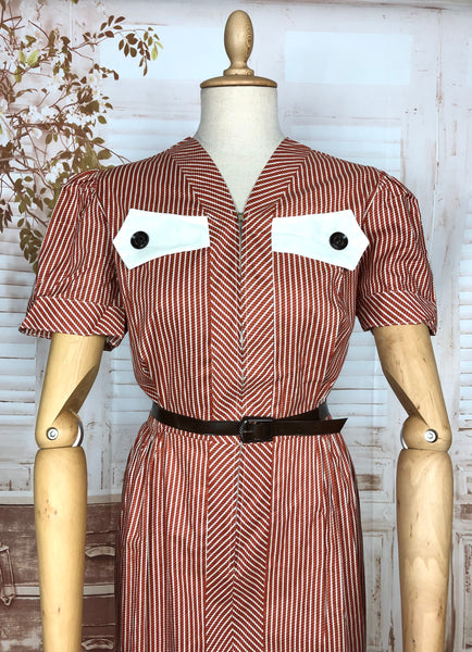 Amazing Original 1940s Volup Vintage Red And White Striped Day Dress By Happy Home Deadstock