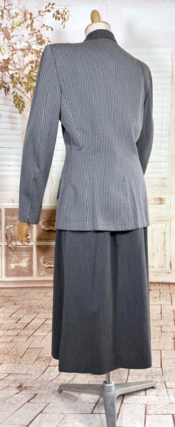 Sharply Tailored 1940s Grey Pinstripe Skirt Suit with Contrast Lapels