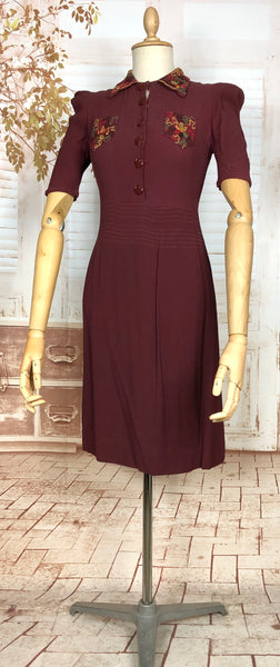 Amazing 1930s Burgundy Crepe Dress With Puff Sleeves And Colourful Crewel Embroidery