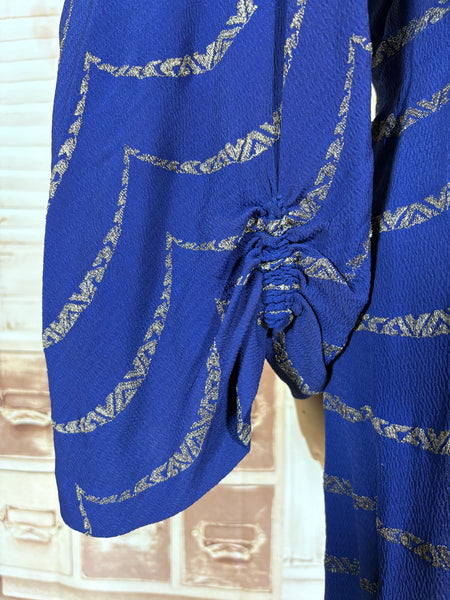 1930s Royal Blue Gold Lamé Chevron Coat | Statement Sleeve Antique Evening Coat
