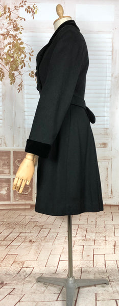 Fabulous Late 1940s Black Double Breasted Princess Coat With Belt Back