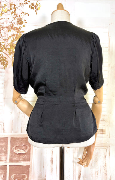 Early 1930s Black Silk Peplum Blouse – Glass Button Front Top