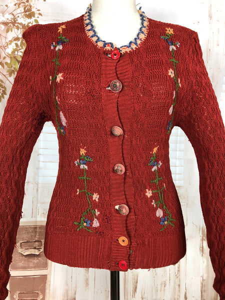 Amazing Original 1930s Vintage Rust Red Folk Embroidered Knit Cardigan