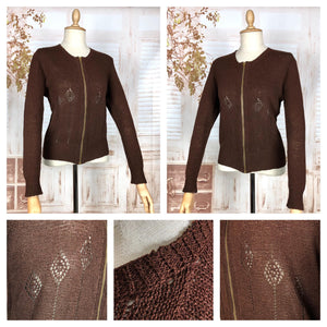 Wonderful Original 1930s Volup Vintage Chocolate Brown Lace Knit Cardigan