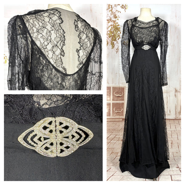 1930s Black Lace Evening Gown with Statement Buckle Detail - Femme Fatale