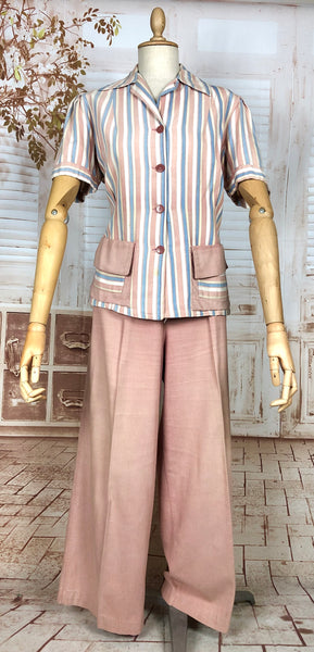 Super Rare Original Late 1930s / Early 1940s Volup Vintage Pink Candy Striped Denim Pant Suit By Edwin Blu Surf