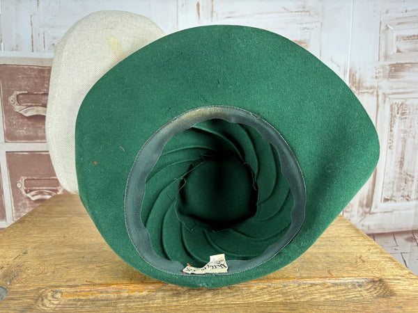 Super Rare Forest Green 1940s Fedora Hat With Red Suede Band