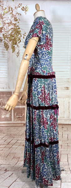 Late 1930s / Early 1940s Tiered Floral Day Dress with Velvet Trim
