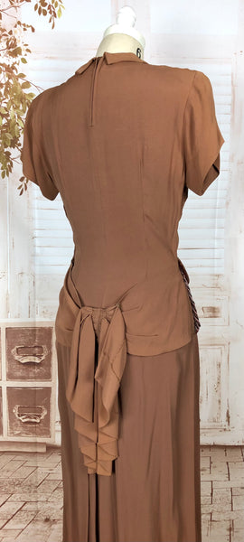 Exceptional Original 1940s Vintage Caramel Rayon Crepe Suit With Sequin Peplum And Bustle Back