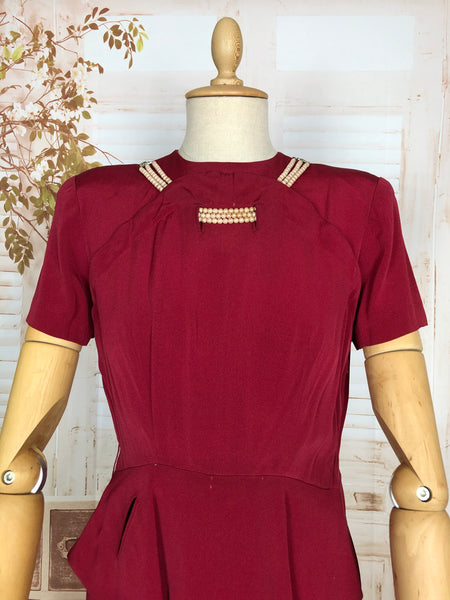 Stunning Original 1940s Vintage Red Peplum Cocktail Dress with Pearl Mock Necklace