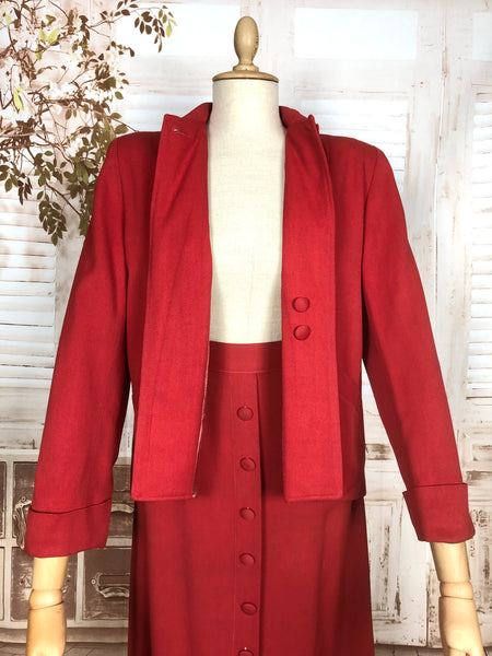 Exceptional Original 1940s Vintage Lipstick Red Swing Suit With Button Details