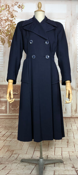 Amazing Original 1940s Vintage Navy Blue Gabardine Princess Coat With Belt Back