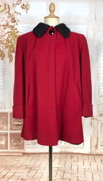 1940s Red Wool Swing Coat by Worth of Boston with Astrakhan Lining