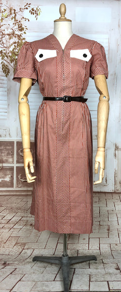 Amazing Original 1940s Volup Vintage Red And White Striped Day Dress By Happy Home Deadstock