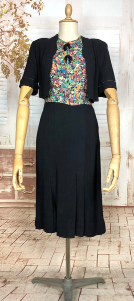 Wonderful Late 1930s / Early 1940s Black And Floral Print Dress With Mock Bolero Jacket