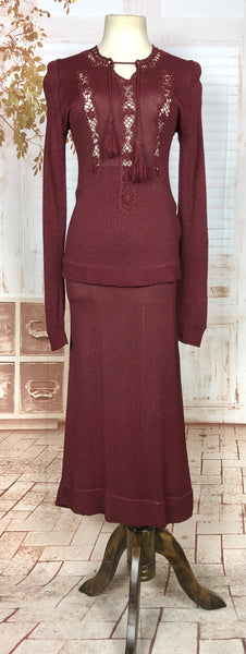 Exquisite Original 1930s Vintage Burgundy Knit Set With Lace Knit Inserts