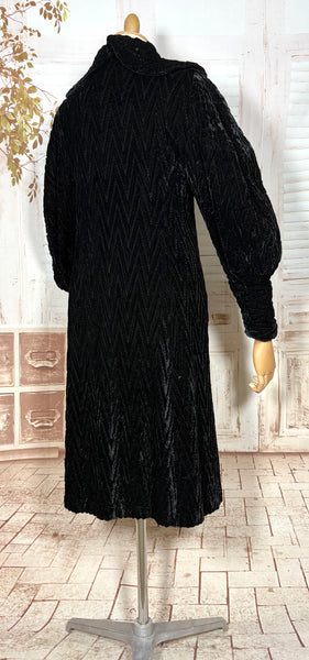 Exceptional 1920s / Early 1930s Black Textured Velvet Coat with Silk Lining and Bishop Sleeves