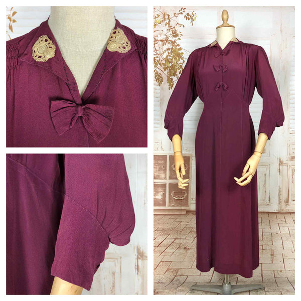 Rare Volup 1930s Burgundy Rayon Dress With Lace Accents And Bishop Sleeves