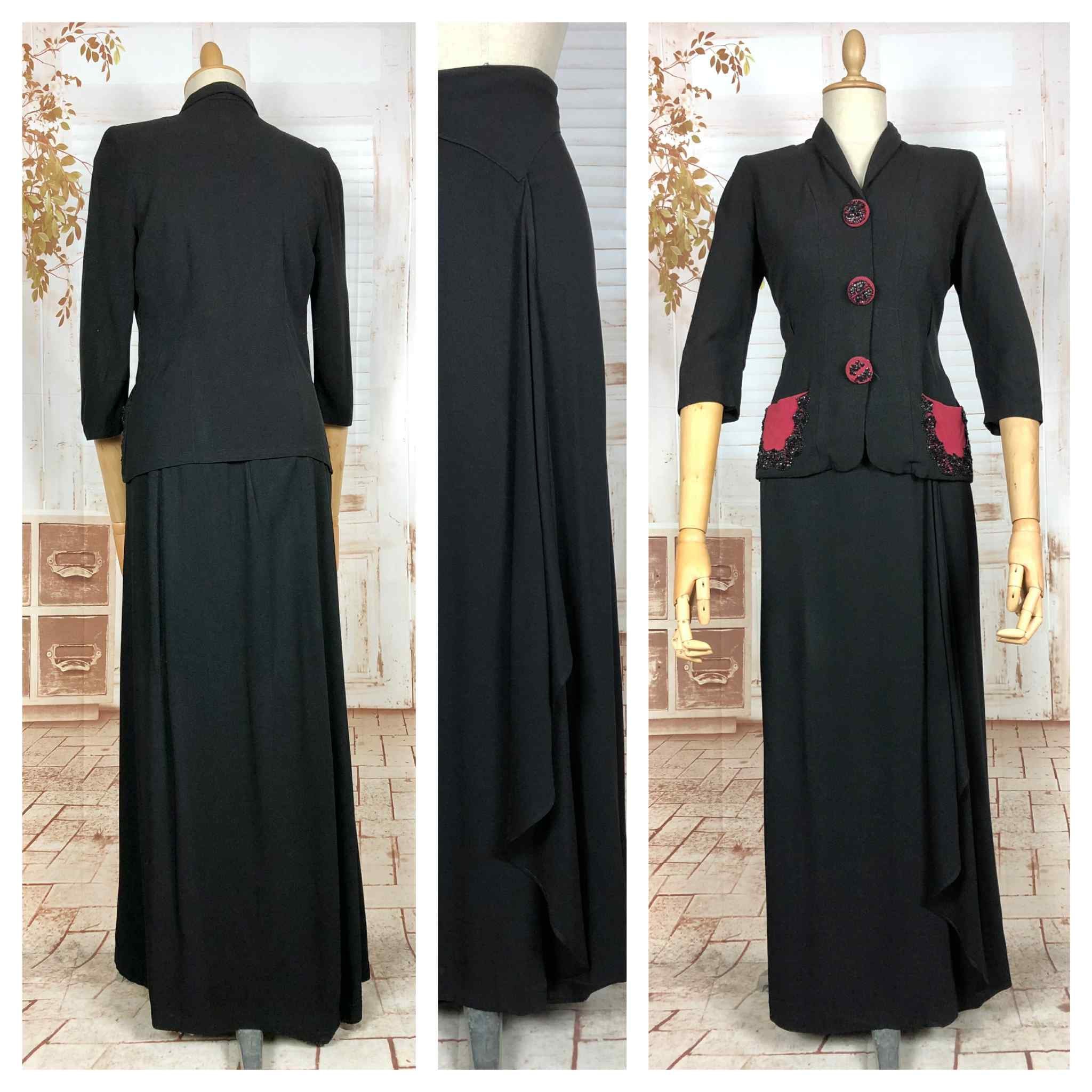 Amazing 1930s Long Line Skirt Suit With Fuchsia Pink Beaded Accents