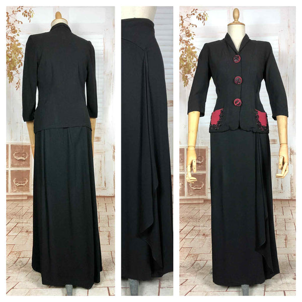 Amazing 1930s Long Line Skirt Suit With Fuchsia Pink Beaded Accents