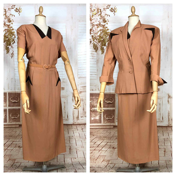 Incredible Original 1940s Volup Dress Suit In Tan With Chocolate Brown Accents