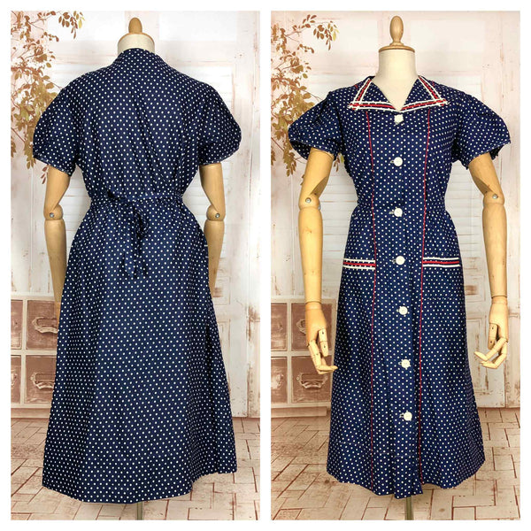 1940s Red White And Blue Spotted Day Dress