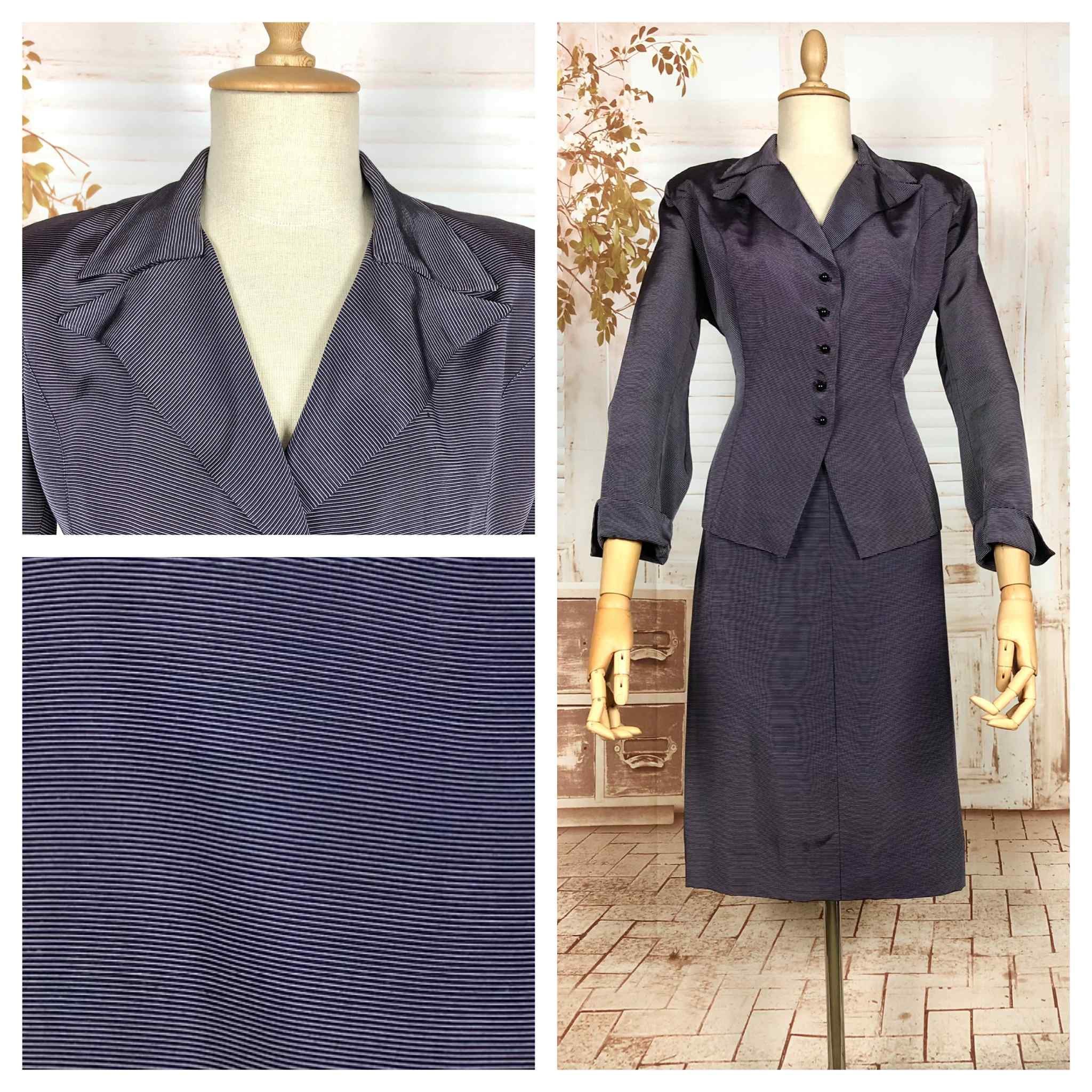 Amazing Blue Striped Rayon Faille 1940s Suit Volup Capable