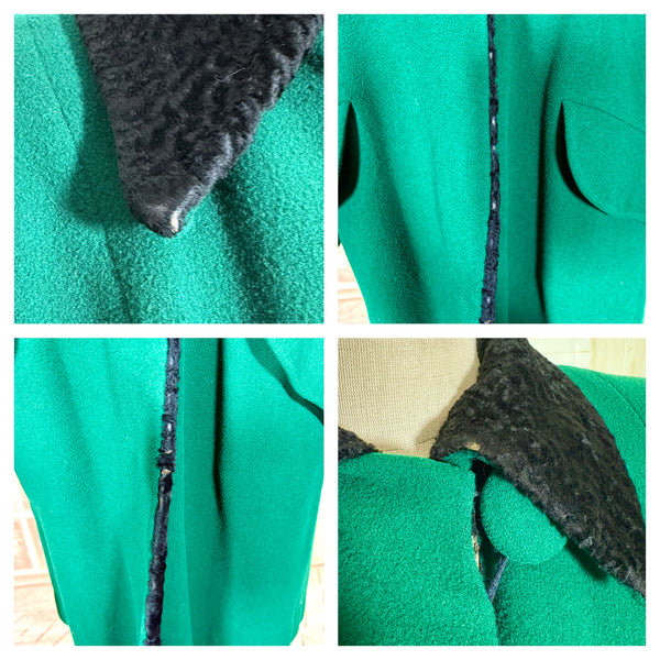 Incredible Emerald Green 1940s Coat With Astrakhan Lining