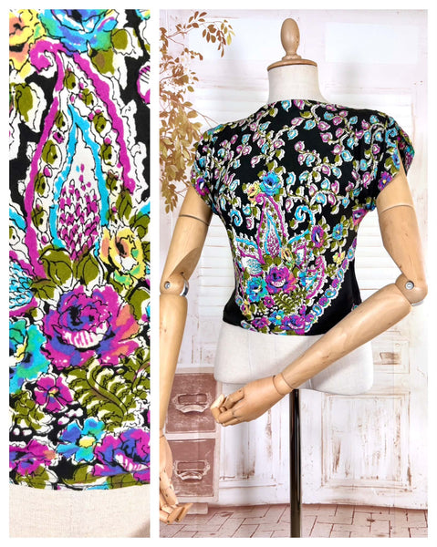 1940s Blouse – Bold Paisley & Floral Print in Magenta, Turquoise & Olive