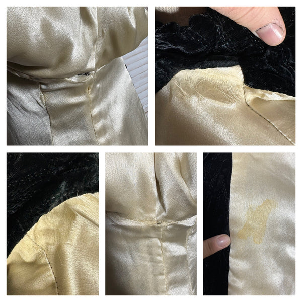 Exceptional 1920s / Early 1930s Black Textured Velvet Coat with Silk Lining and Bishop Sleeves