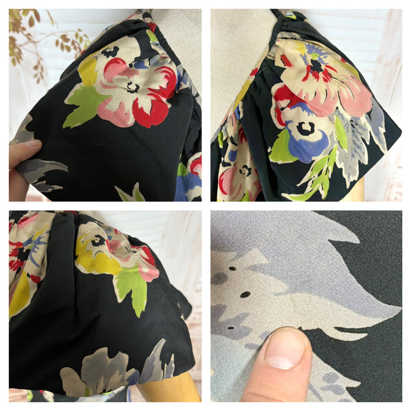 Rare 1930s Black Floral Silk Evening Dress with Ruffled Collar