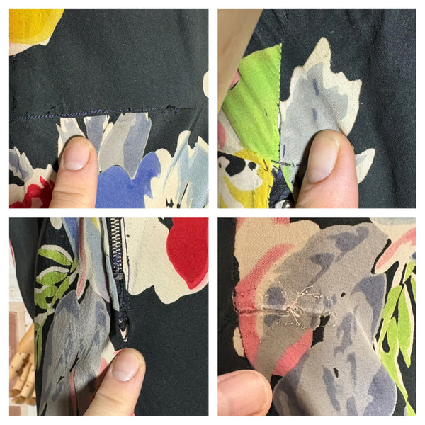 Rare 1930s Black Floral Silk Evening Dress with Ruffled Collar