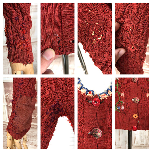 Amazing Original 1930s Vintage Rust Red Folk Embroidered Knit Cardigan