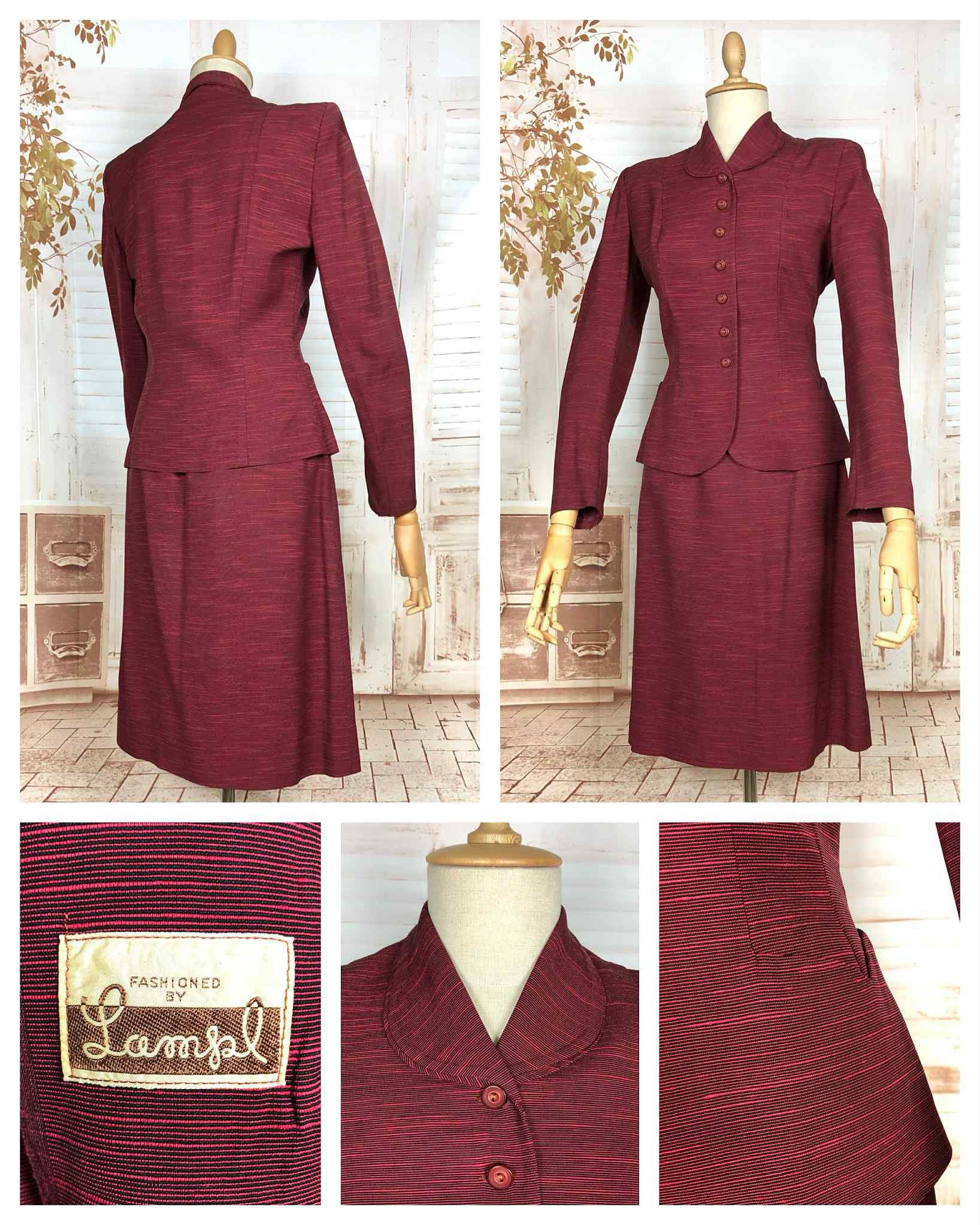 Stunning 1940s Striped Red Faille Suit By Lampl