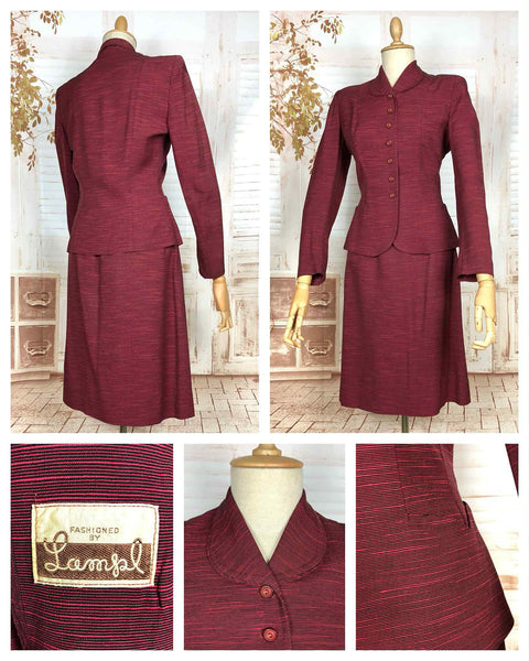 Stunning 1940s Striped Red Faille Suit By Lampl