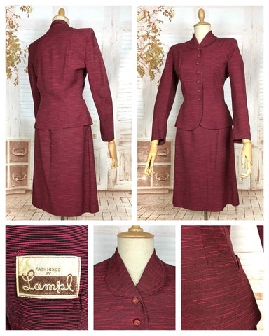 Stunning 1940s Striped Red Faille Suit By Lampl